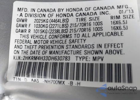 2013 Honda Cr-V Lx from USA, damaged, VIN 2HKRM4H33DH630783